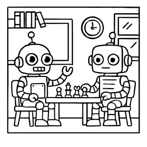 Omalovánka – coloring page s robotickým šachovým turnajom v škole na vyfarbenie
