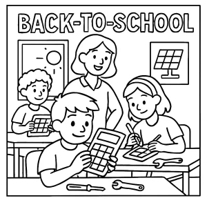 Coloring page: deti v dielni so solárnymi kalkulačkami, návrat do školy