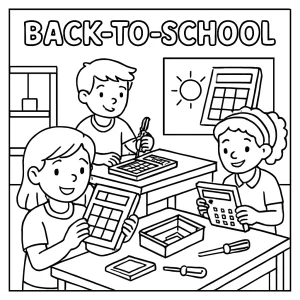 Back-to-school scene with solar calculator workshop coloring page, omalovánka zdarma na vytlačenie