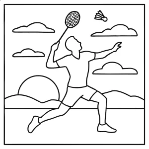 Omalovánka badmintonového atléta v siluete pri západe slnka – coloring page na vytlačenie pre deti