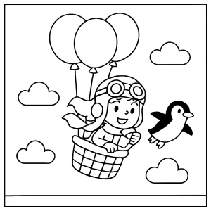 Omalovánka Pilotka v balóne s tučniakom – coloring page pre deti na vytlačenie a vyfarbenie