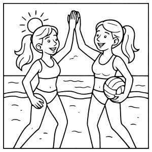 Plážový volejbal sestry dávajú päťku – coloring page omalovánka na vytlačenie zdarma