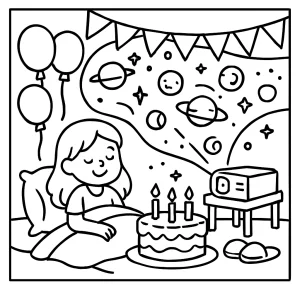 Vesmírna pyžamová párty s projekciou hviezd – omalovánka na vytlačenie zdarma, coloring page pre deti