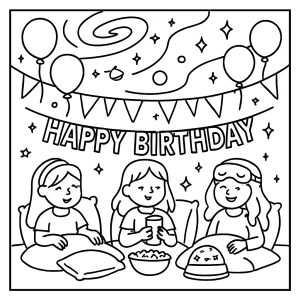 Galaktická pyžamová párty omalovánka – coloring page s deťmi, spacákmi a hviezdnou projekciou na vyfarbenie