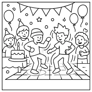 Narodeninová hologramová tanečná párty – omalovánka na vytlačenie, coloring page pre deti