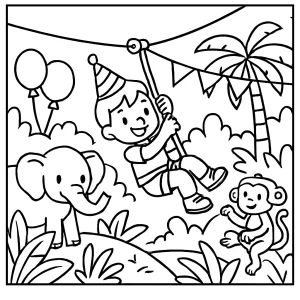 Jungle zipline birthday party coloring page – omalovánka s deťmi a zvieratkami na lanovke v džungli