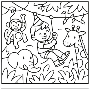 Džungľová narodeninová zipline omaľovánka – coloring page na vytlačenie zdarma pre deti