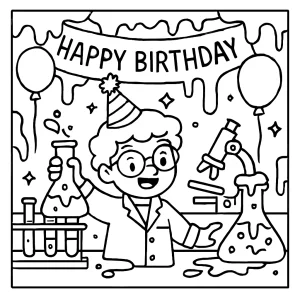 Neon Slime Lab omalovánka – coloring page s narodeninovou témou laboratória a slizu pre deti na vyfarbenie