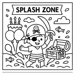 Pirátska narodeninová coloring page – omalovánka s pokladom a vodnou zónou na vyfarbenie