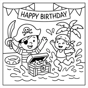 Pirátska narodeninová omalovánka s pokladom a vodnou splash zónou – coloring page pre deti na tlač