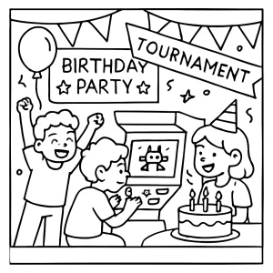 Retro arkádová narodeninová párty – coloring page omalovánka na vyfarbenie zdarma