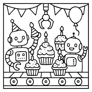 Roboty a cupcake assembly line – omalovánka, coloring page na vyfarbenie pre deti