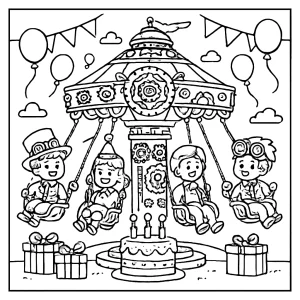 Steampunk karnevalová jazda narodeninová omalovánka - coloring page na vyfarbenie