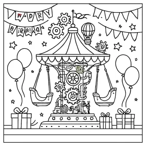 Steampunk karnevalová jazda narodeninová oslava omalovánka coloring page na vyfarbenie pre deti zdarma