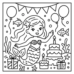 Podmorská narodeninová omalovánka s morskými pannami – coloring page zdarma na vytlačenie