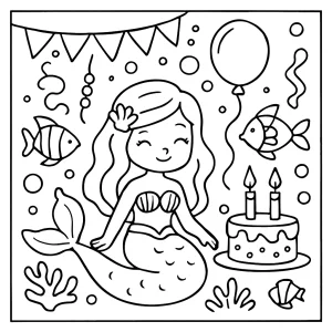 Podmorská morská panna na narodeninovej oslave – omalovánka (coloring page) pre deti na vytlačenie zadarmo