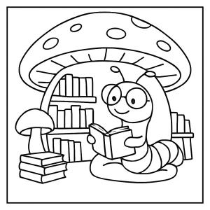 Coloring page – omalovánka knihomoľ sediaci v knižnici z húb na vyfarbenie