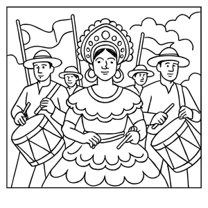 Maracatu drum parade z Brazílie - omalovánka, coloring page na vytlačenie