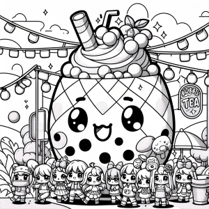 Kawaii mango bubble tea stánok omalovánka – coloring page na vyfarbenie s letnou festivalovou scénou a rozkošnými postavičkami