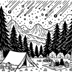 Stanovanie pod meteorickým dažďom omalovánka - coloring page s táborákom, stanom a nočnou oblohou