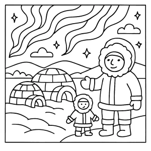 Coloring page omalovánka kanadská iglu dedina s polárnou žiarou na vyfarbenie