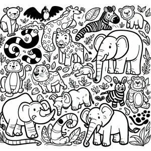 Cartoon Jungle Animals Coloring Page – omaľovánka s kreslenými džungľovými zvieratami na vymaľovanie pre deti