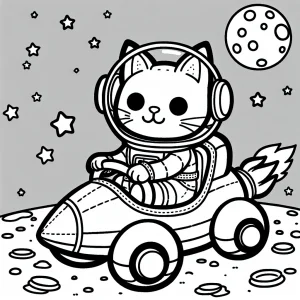 Omalovánka zdarma – kocúr astronaut jazdí v raketovom aute po kráteroch Mesiaca