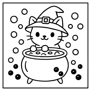Mačacia čarodejnica varí bublinkový čaj – omalovánka na vytlačenie zdarma, coloring page