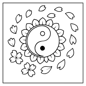 Mandala yin-yang s čerešňovými lupienkami - omalovánka pre deti na vyfarbenie zadarmo