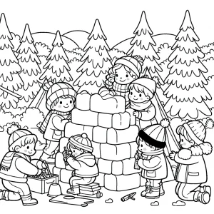 Deti stavajú snehovú pevnosť – omalovánka coloring page pre deti na vytlačenie zdarma