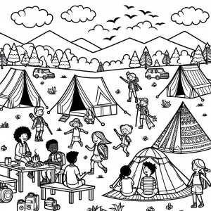 Deti na stanovačke omalovánka – coloring page s deťmi v stanoch v prírode na vyfarbenie