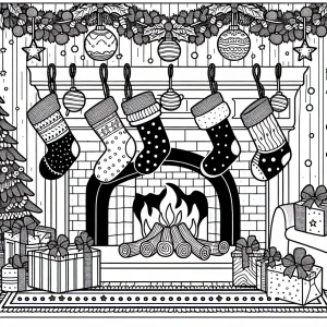Vianočné pančuchy pri kozube omalovánka - coloring page na vytlačenie pre deti
