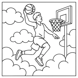 Basketbalový smeč v meste v oblakoch – omalovánka na vyfarbenie pre deti