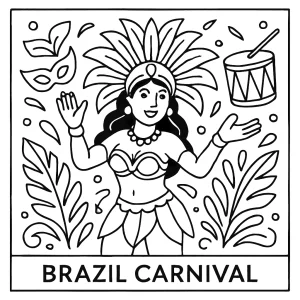 Brazilský karneval omalovánka – coloring page s tanečníkmi a maskami na vyfarbenie