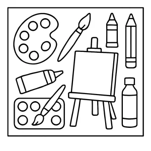 Omaľovánka umelecké potreby – coloring page s obrázkom ceruziek, štetcov a pasteliek na vymaľovanie