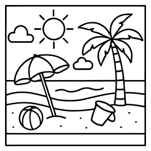 Plážová scéna coloring page – omalovánka s morom, pieskom a slnečníkom na vyfarbenie
