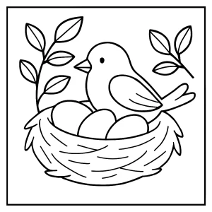 Vtáčie hniezdo omaľovánka – coloring page na vytlačenie s vtáčikmi a vajíčkami