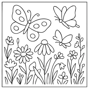 Motýlia lúka omaľovánka, coloring page s motýľmi a kvetmi pre deti na vymaľovanie