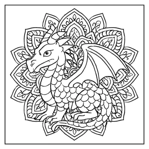 Dračí mandala omalovánka – coloring page detailného draka na vyfarbenie