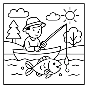 Omalovánka rybárčenie – fishing coloring page na vytlačenie pre deti s rybárom pri jazere