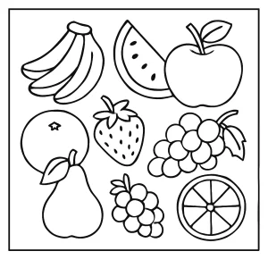 Ovocie omaľovánka – coloring page s rôznymi druhmi ovocia na vyfarbenie pre deti