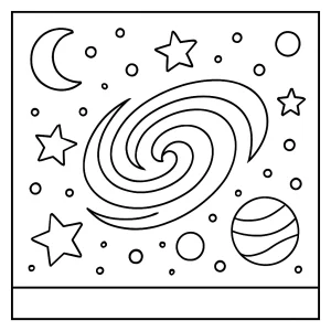 Galaxia – omalovánka na vytlačenie, coloring page s hviezdami a planétami pre deti