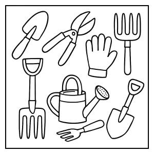Omaľovánka – coloring page záhradného náradia na tlač a vyfarbenie pre deti