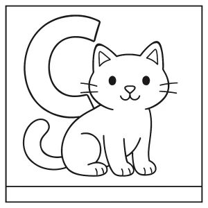 Omaľovánka písmeno C s mačkou - coloring page na vytlačenie zdarma pre deti