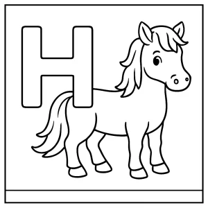 Omaľovánka písmeno H s koňom, detská coloring page na vytlačenie zdarma