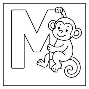 Omaľovánka s písmenom M a opicou, coloring page na vytlačenie pre deti