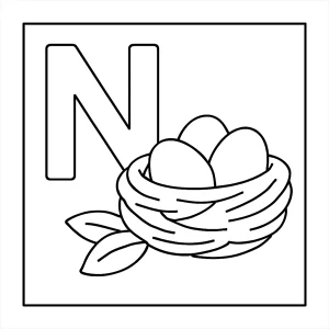Omaľovánka písmena N s hniezdom – coloring page na vytlačenie pre deti