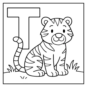 Omalovánka písmeno T s tigrom – coloring page pre deti na vytlačenie zadarmo