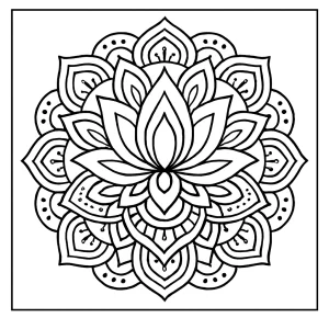 Lotus mandala omalovánka – stránka na vyfarbovanie s detailným kvetom lotosu