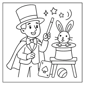 Omalovánka kúzelnícke predstavenie – coloring page s kúzelníkom a zajačikom na vyfarbenie